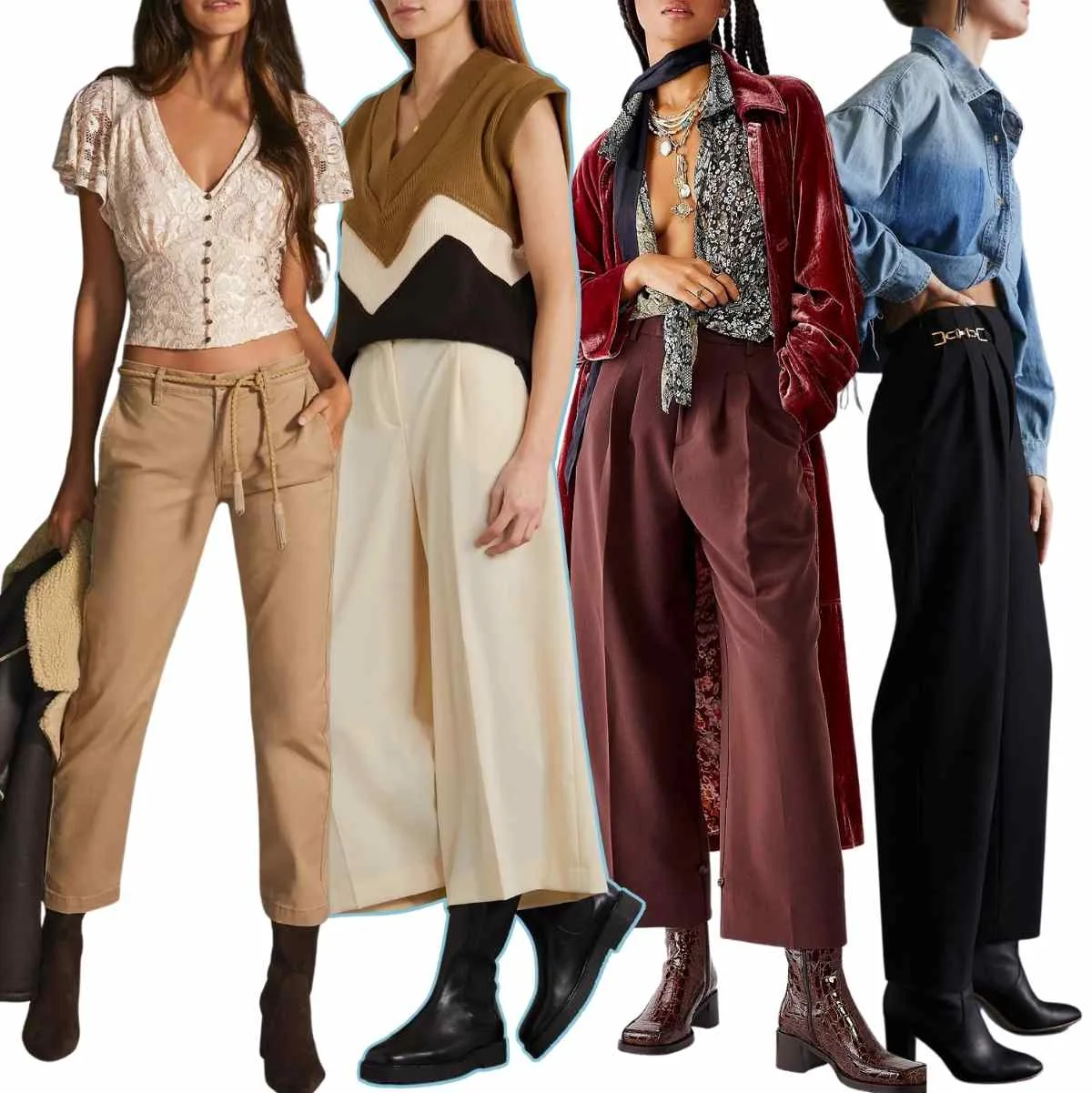 Collage of 4 women wearing cropped dress pants with knee high boots.