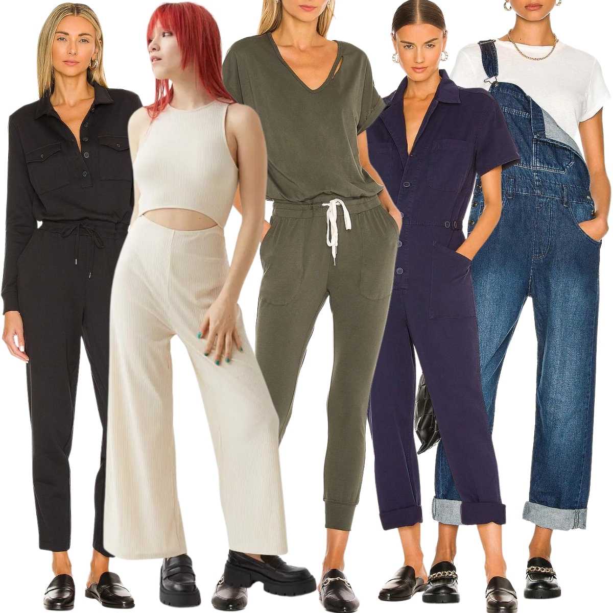Collage of 5 women wearing loafers with jumpsuits.