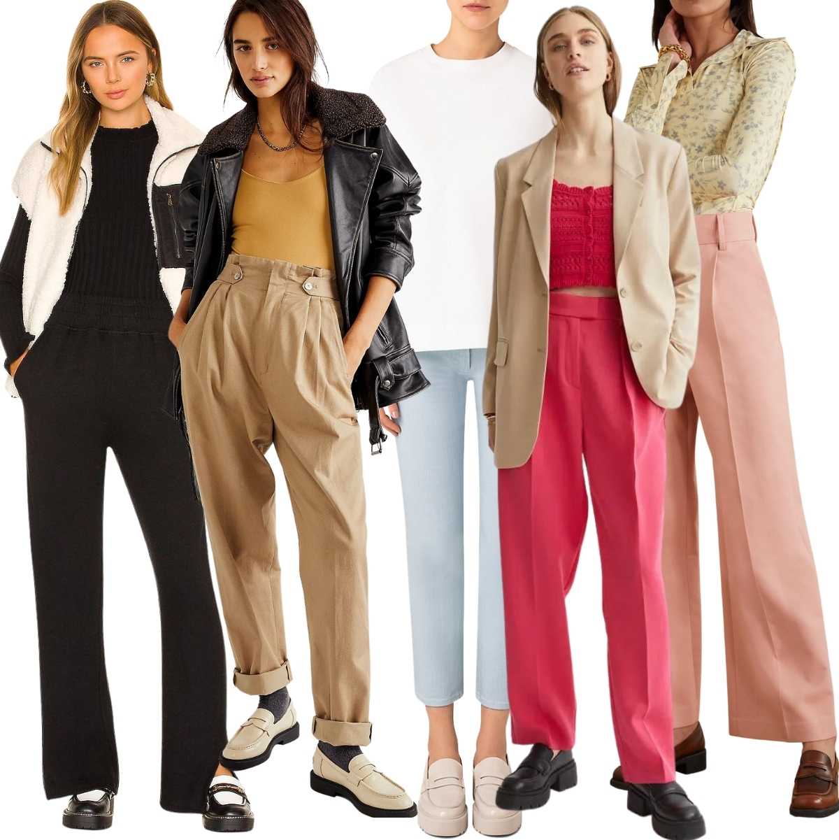 Collage of 5 women wearing loafers with dress pants.