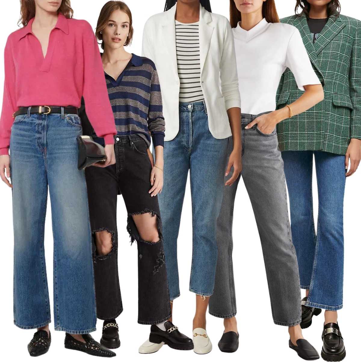 Collage of 5 women wearing loafers with jeans.