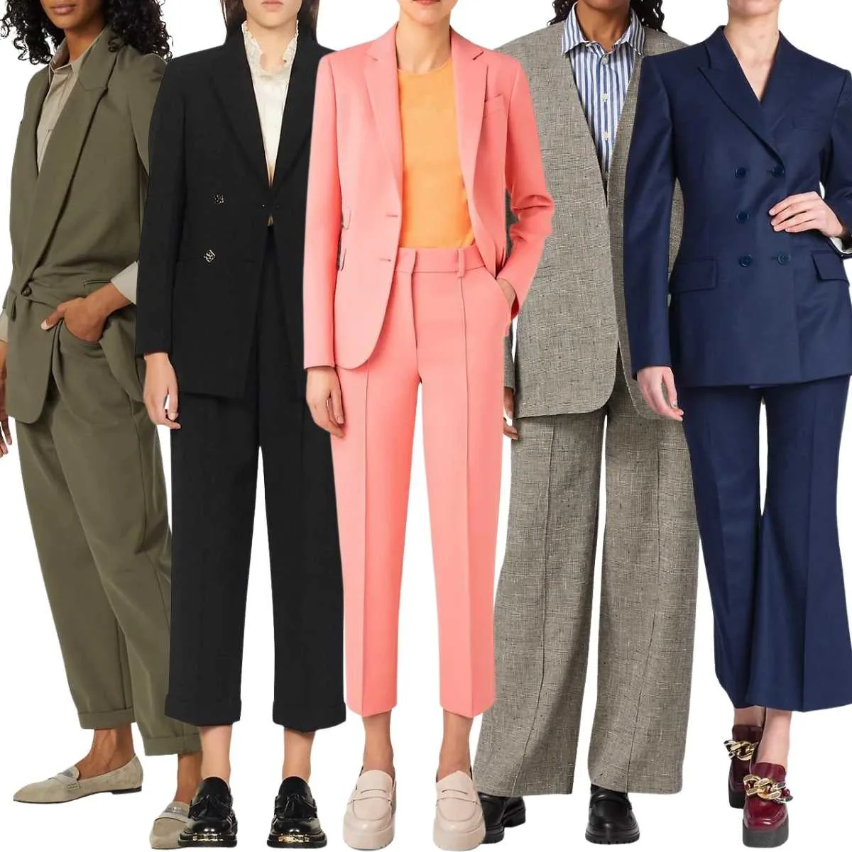 Collage of 5 women wearing loafers with pantsuits.