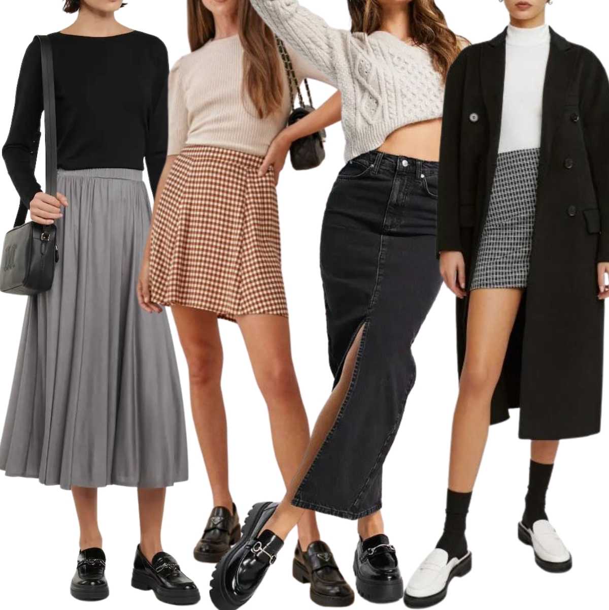 Collage of 4 women wearing loafers with skirts.