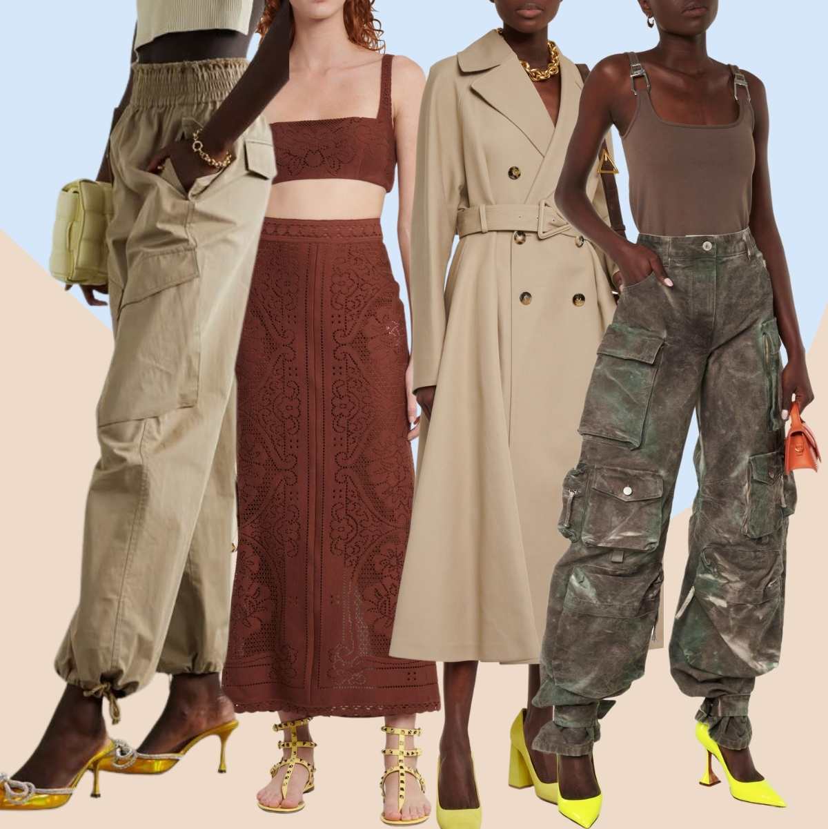 Collage of 4 women wearing different yellow shoes outfits with earth tones.