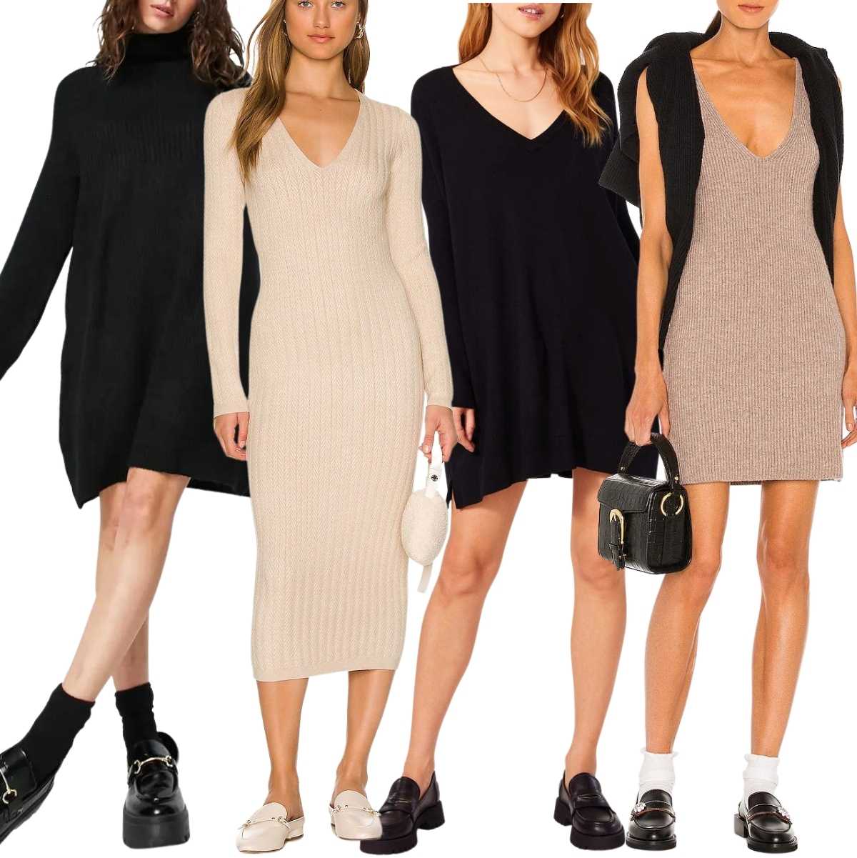 Collage of 5 women wearing loafers with sweater dresses.