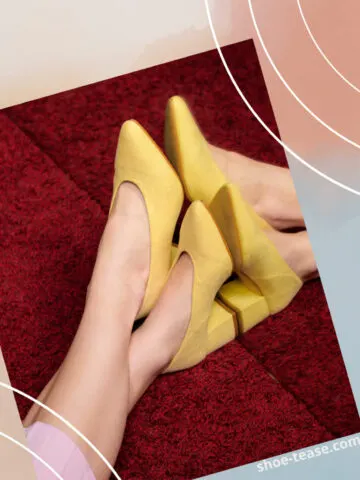Close up of women's feet wearing a yellow shoes outfit in front of a mirror.
