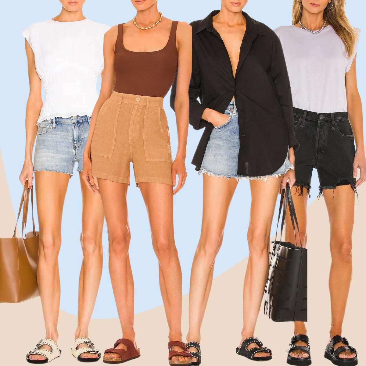 Collage of 5 women wearing different Birkenstock outfits with shorts.