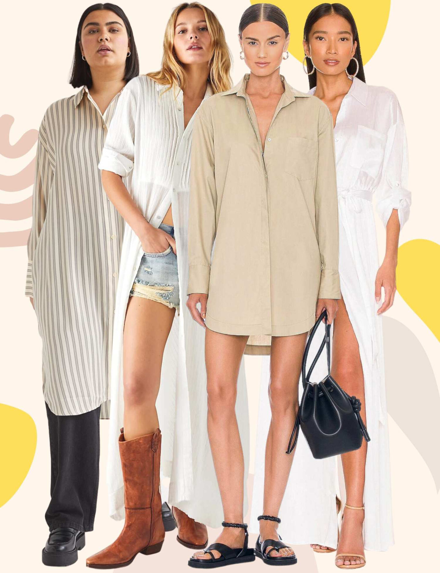 Collage of 4 women wearing different shirt dress outfits.