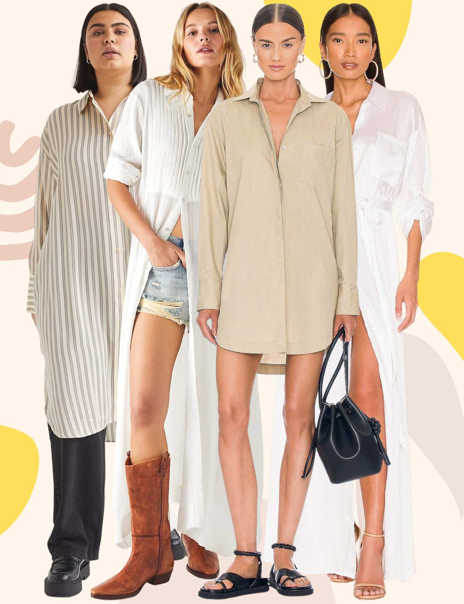 Collage of 4 women wearing different shirt dress outfits.