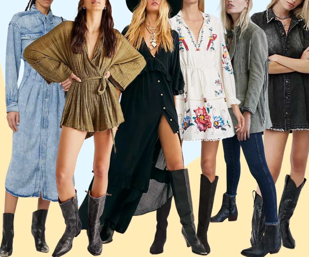 Collage of 6 women wearing different black cowboy boots outfits.
