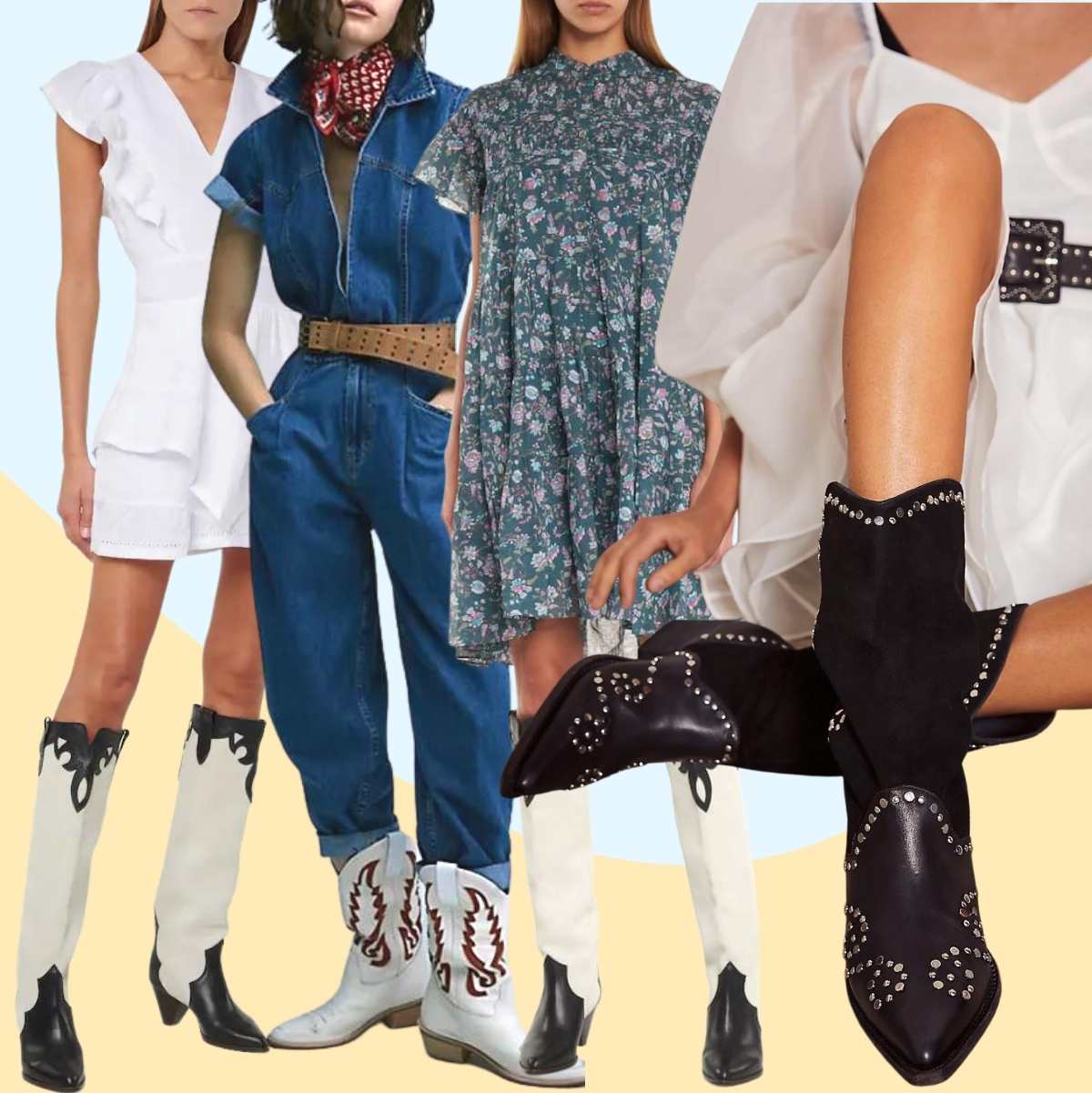 Collage of 4 women wearing different black and white cowboy boots outfits,