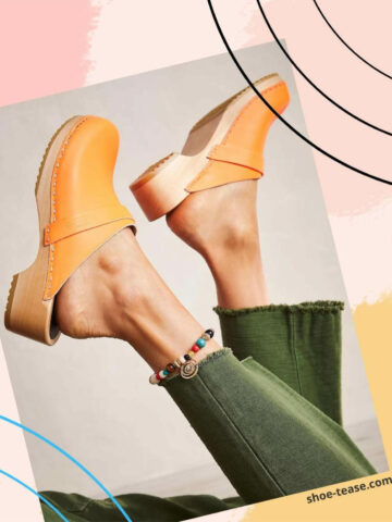 Collage with close up of woman's feet wearing orange clogs outfit with green jeans.
