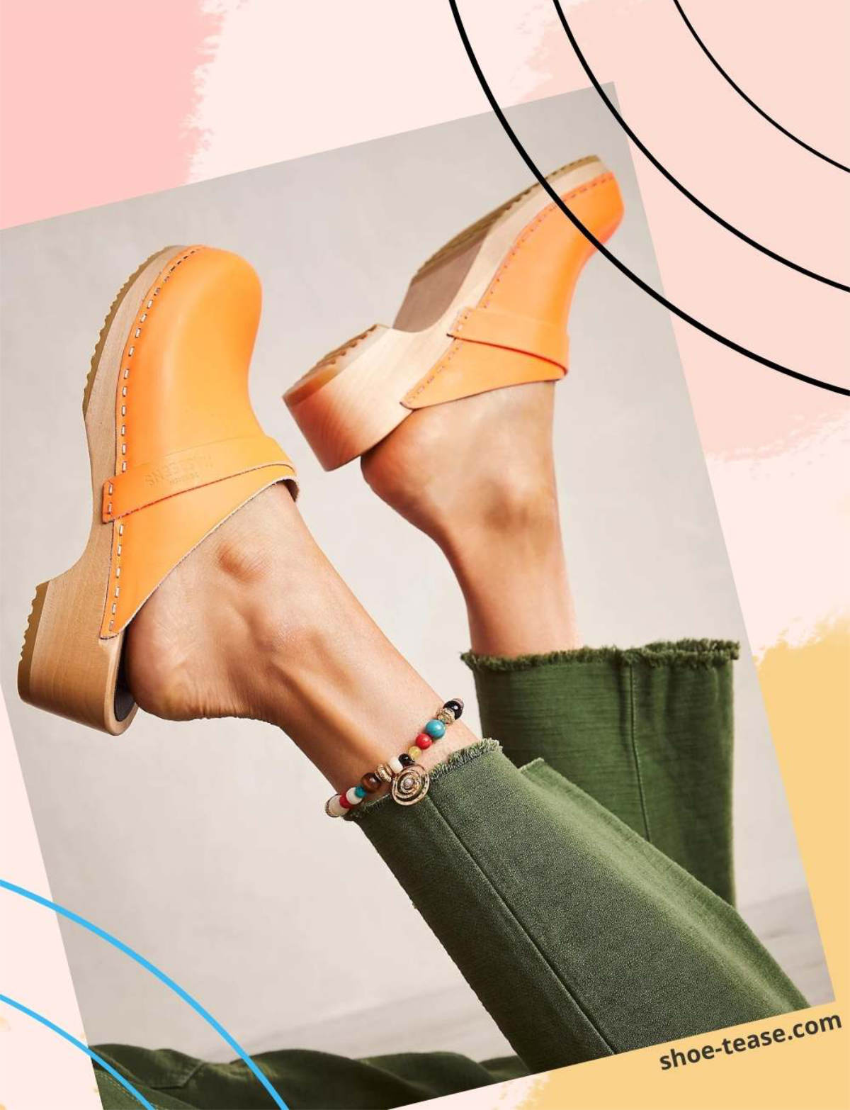 Collage with close up of woman's feet wearing orange clogs outfit with green jeans.