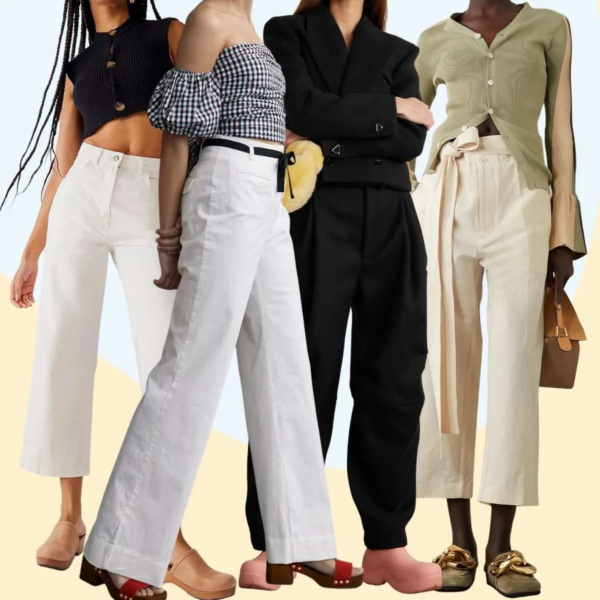 Collage of 4 women wearing different dress pants with clogs outfits.