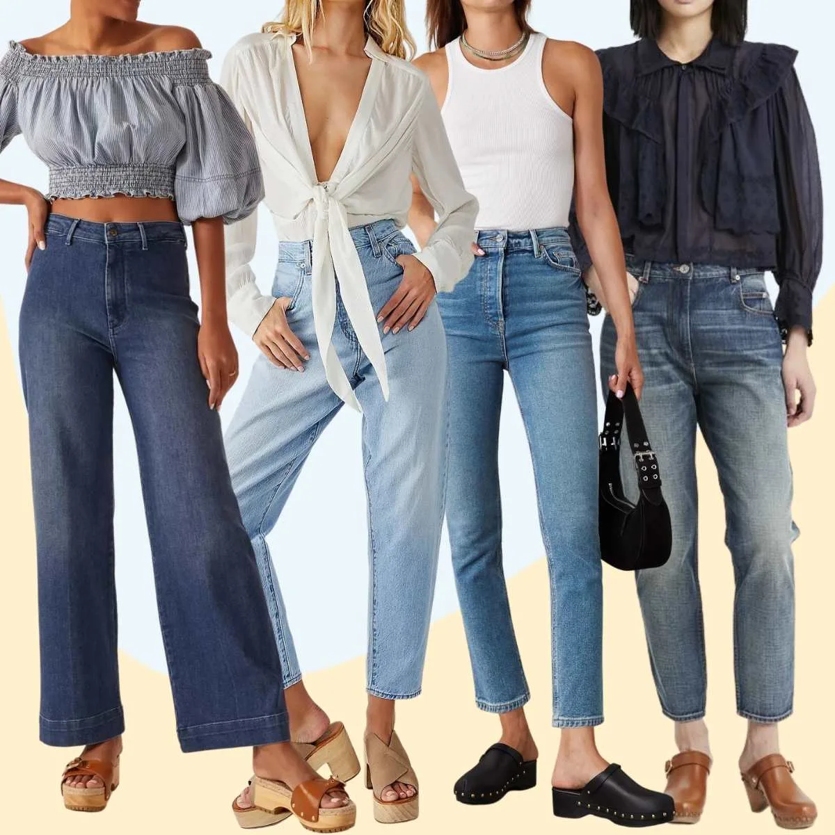 Collage of 4 women wearing different jeans with clogs outfits.