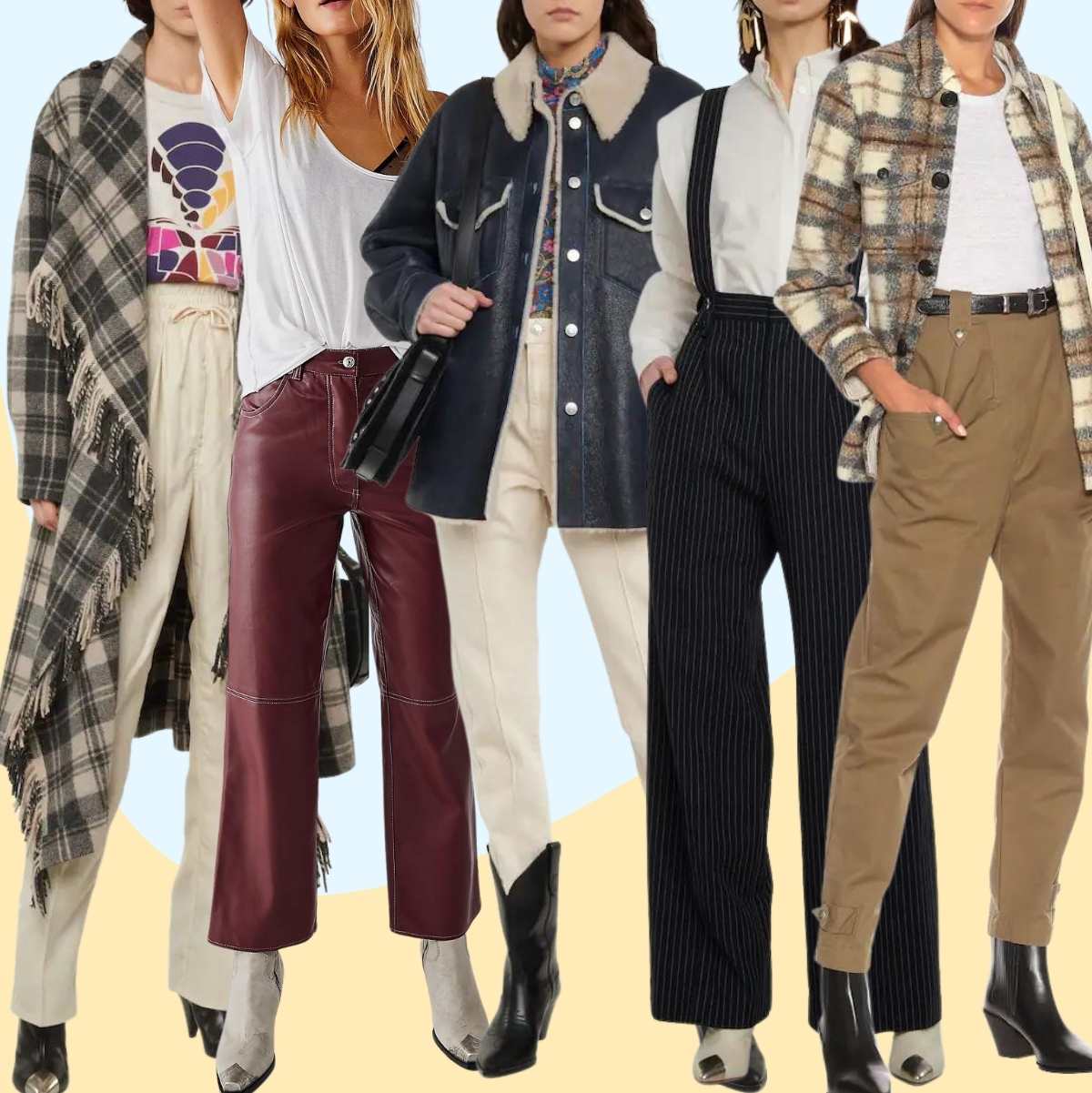 Collage of 5 women wearing different cowboy boots outfits with dress pants shorts.
