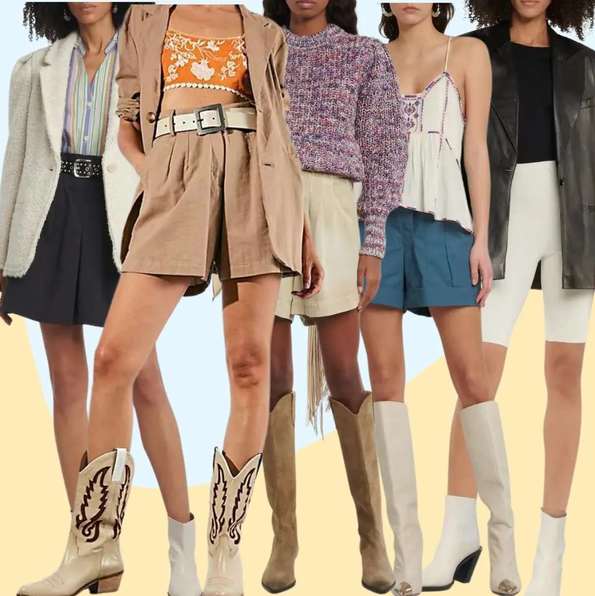 Collage of 5 women wearing different cowboy boots outfits with dress shorts.