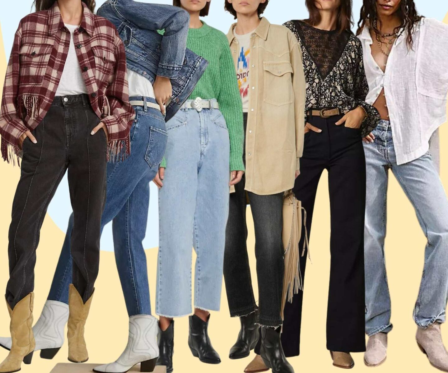 Collage of 5 women wearing different cowboy boots outfits with jeans.