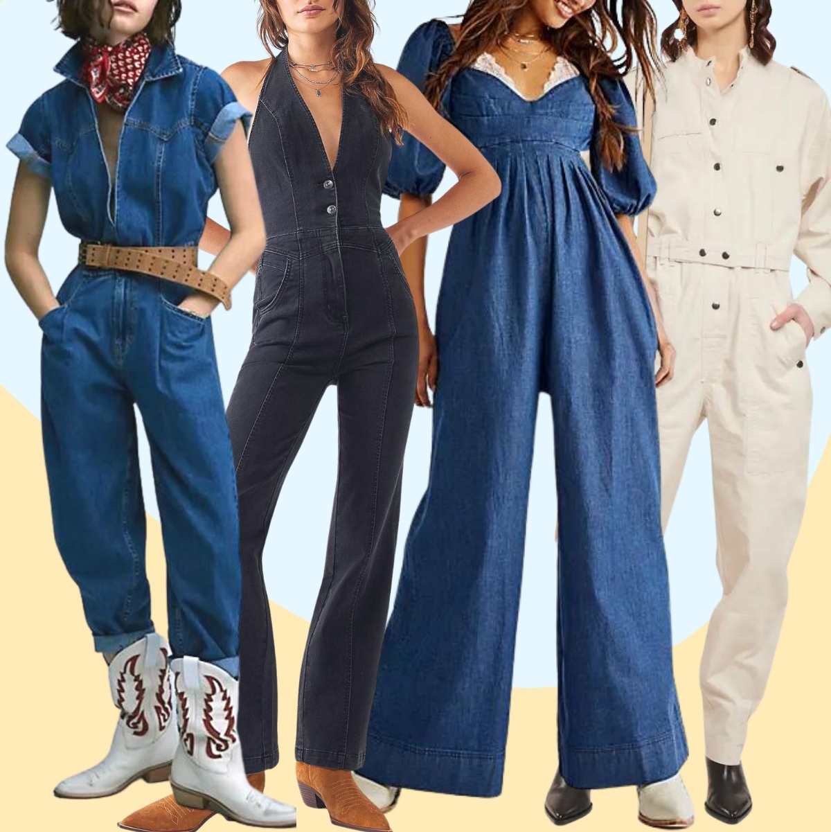 Collage of 5 women wearing different cowboy boots outfits with jumpsuits.