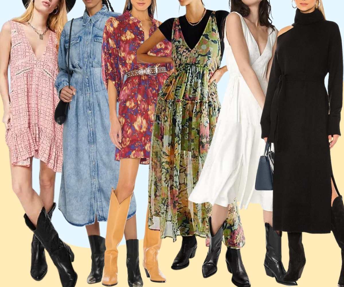 Collage of 5 women wearing different cowboy boots outfits with dresses.
