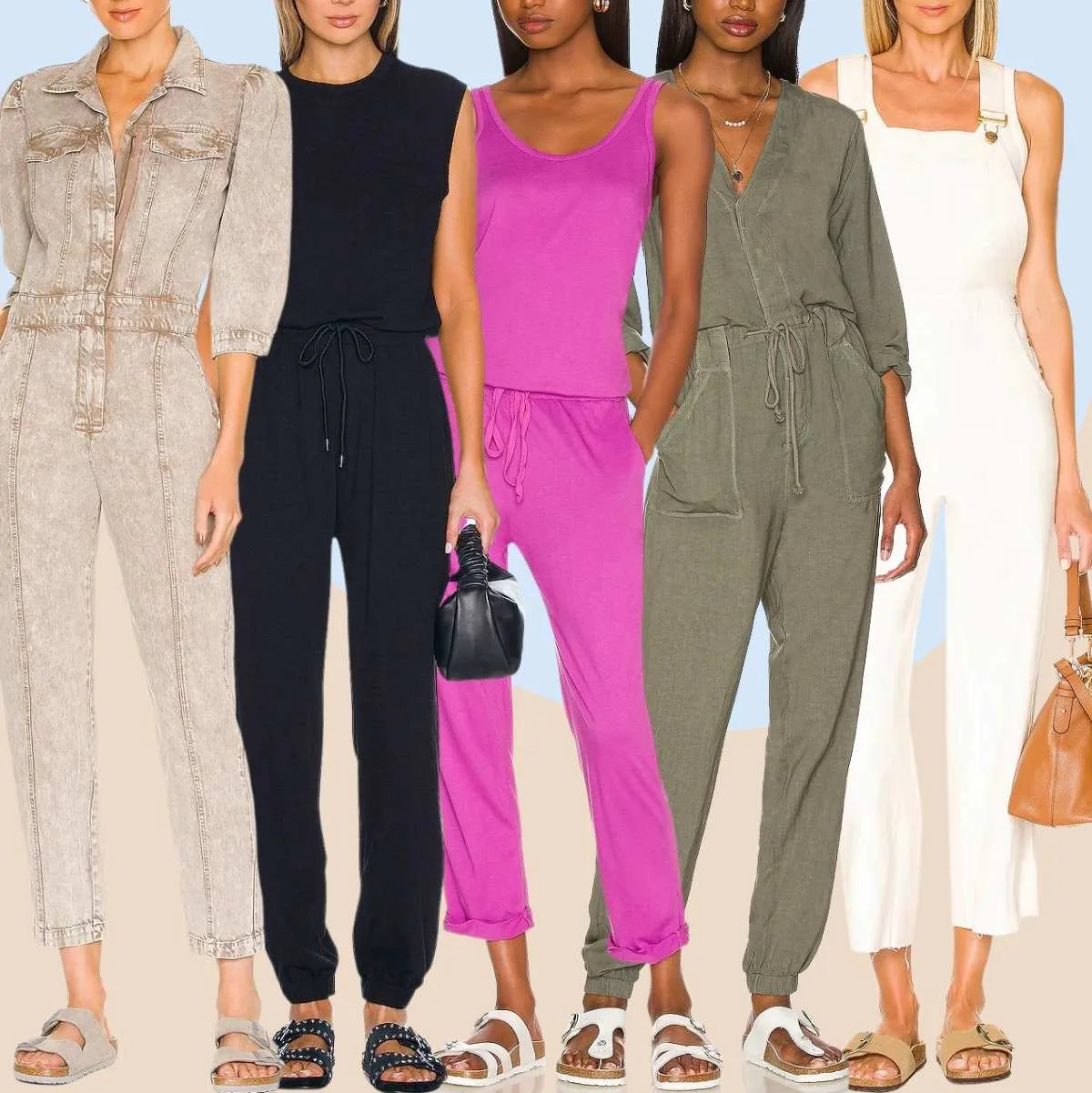 Collage of 5 women wearing different Birkenstock outfits with jumpsuits.