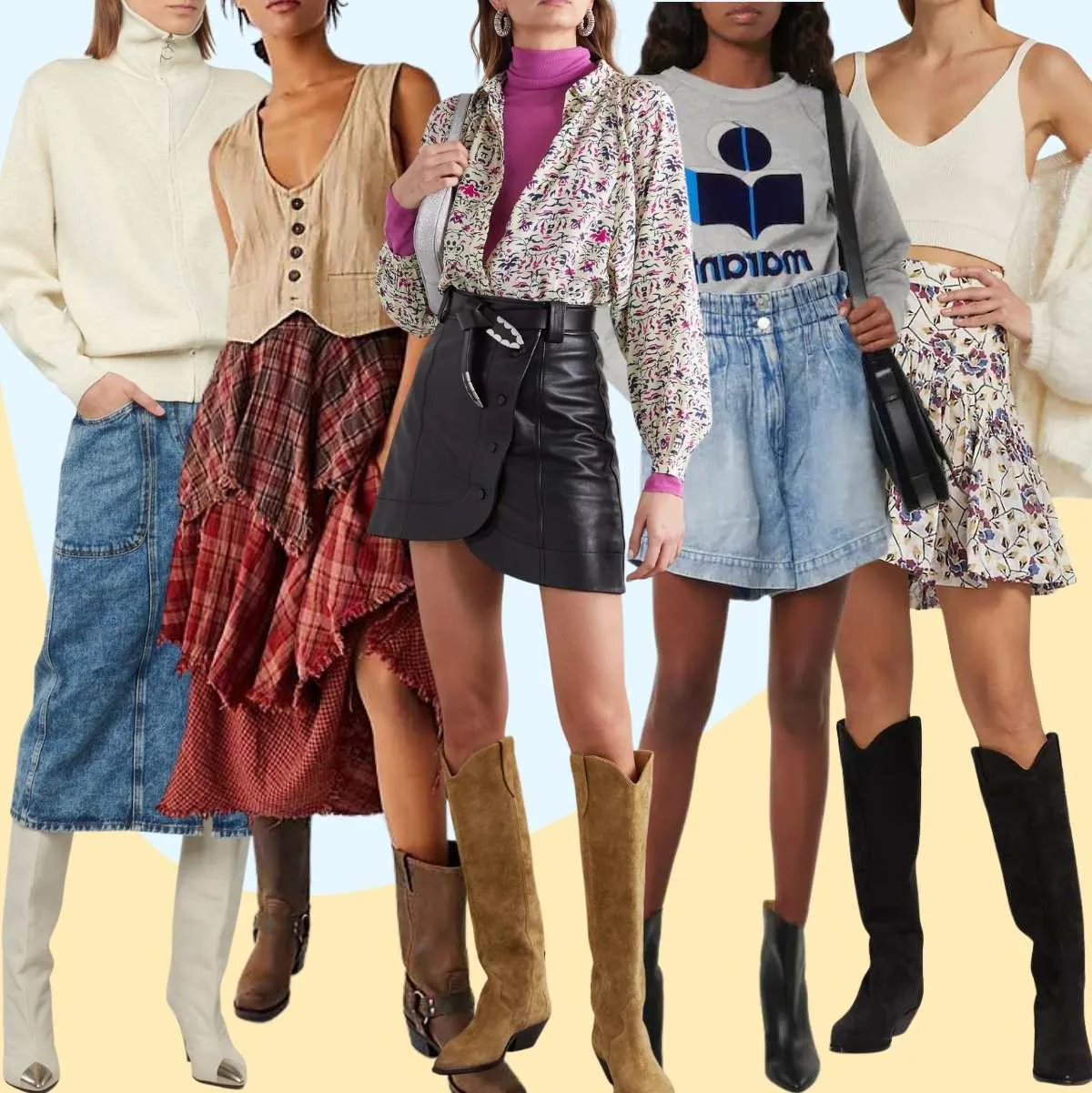 Collage of 5 women wearing different cowboy boots outfits with skirts.