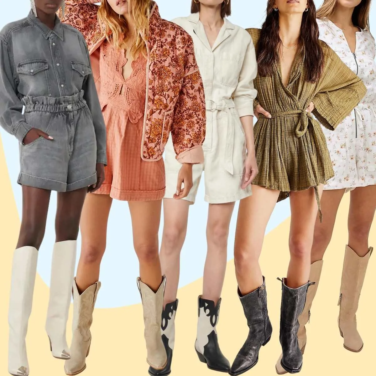Collage of 5 women wearing different cowboy boots outfits with rompers.