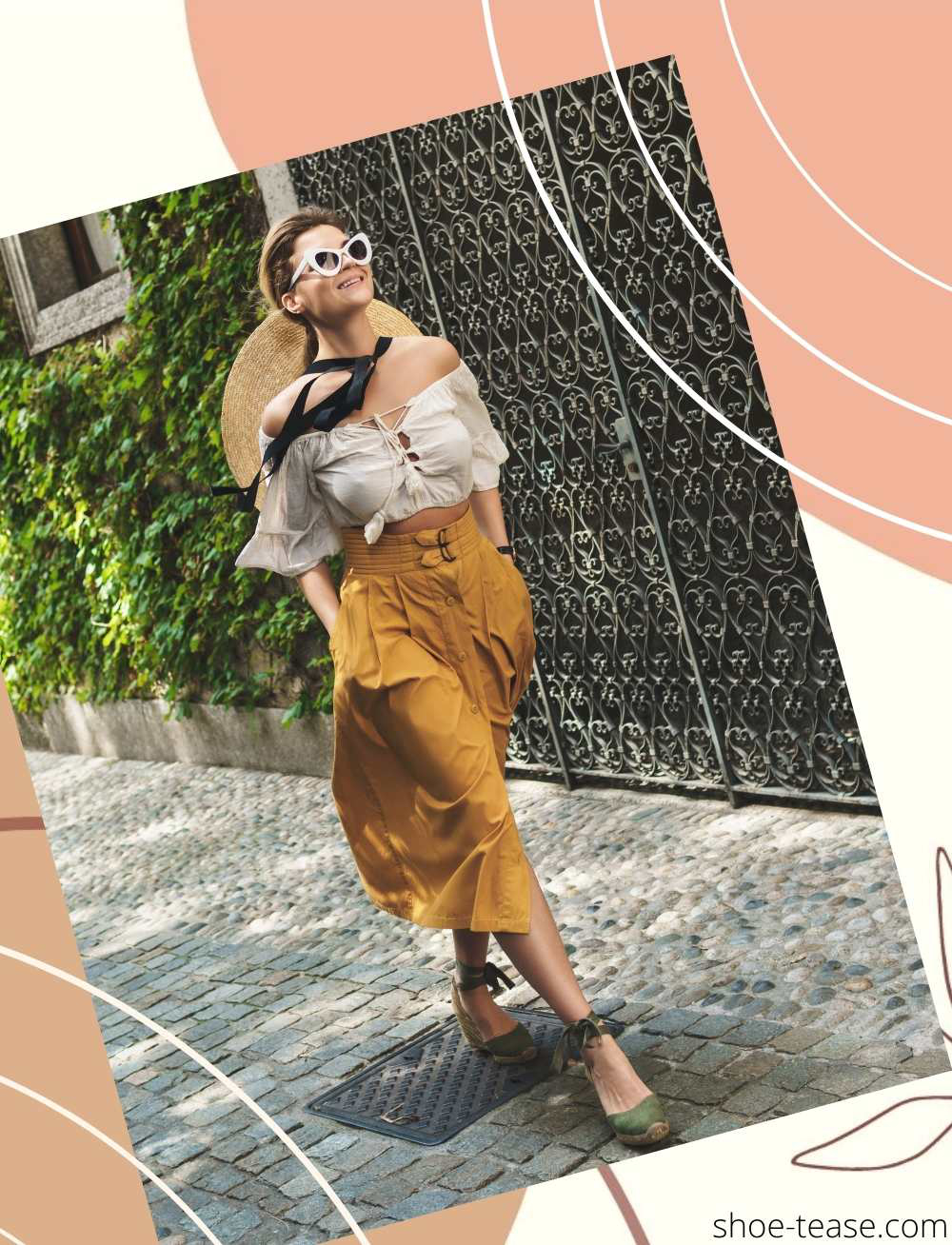 Collage with woman walking on side street wearing a white blougs, orange skirt with espadrilles and straw hat.