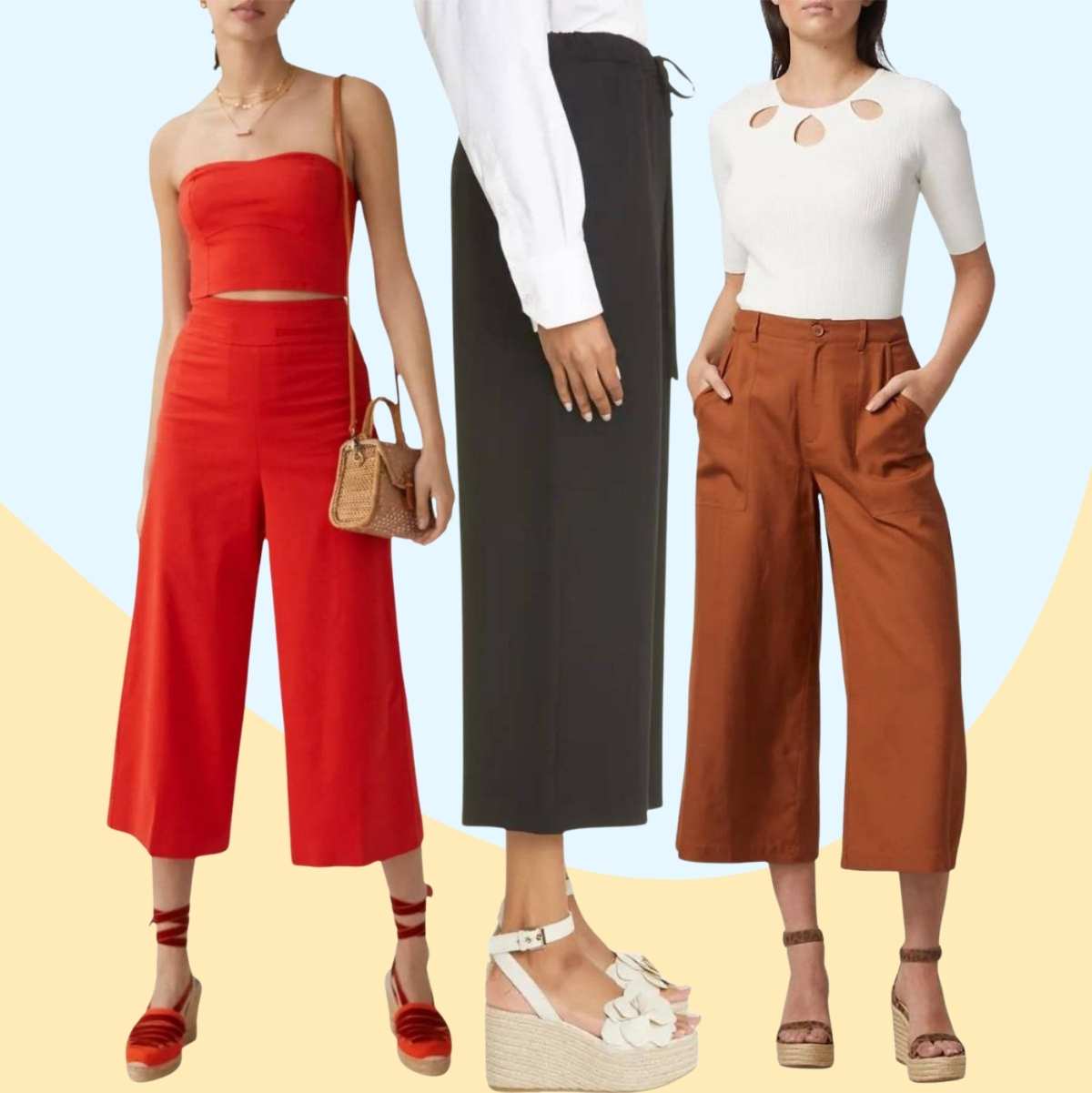 Collage of 3 women wearing pants with espadrilles outfits.