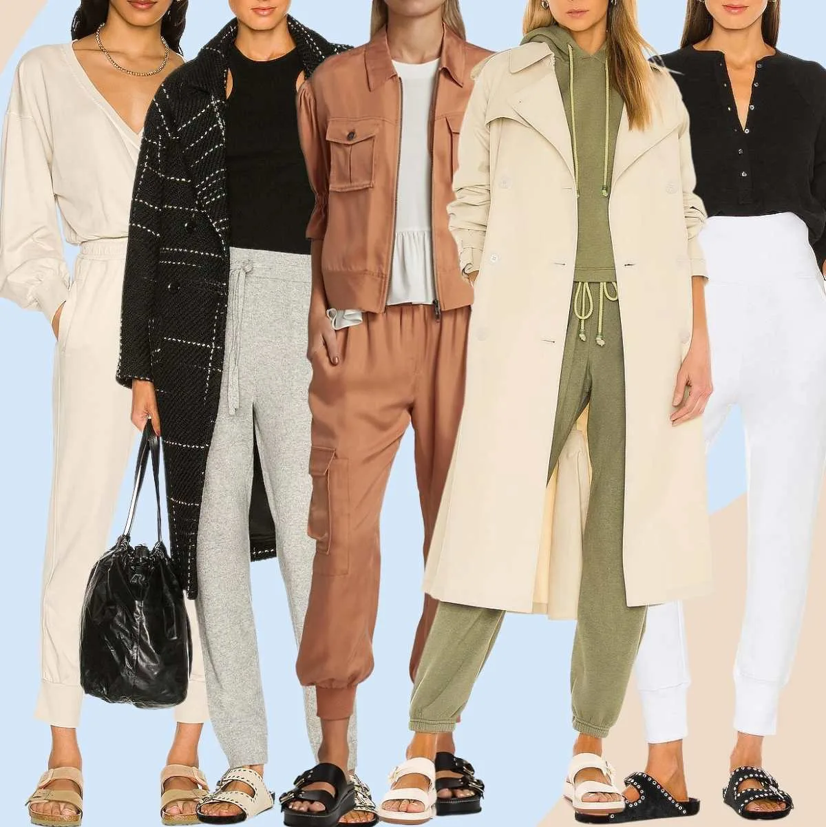 Collage of 5 women wearing different Birkenstock outfits with joggers and sweatpants.