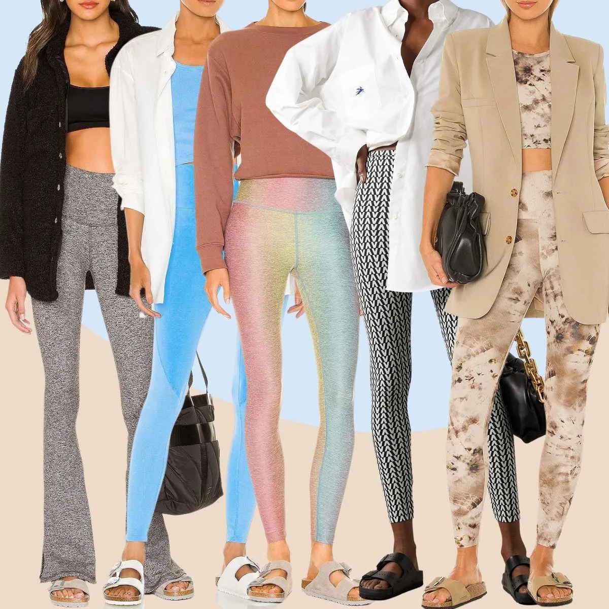 Collage of 5 women wearing different Birkenstock outfits with leggings.