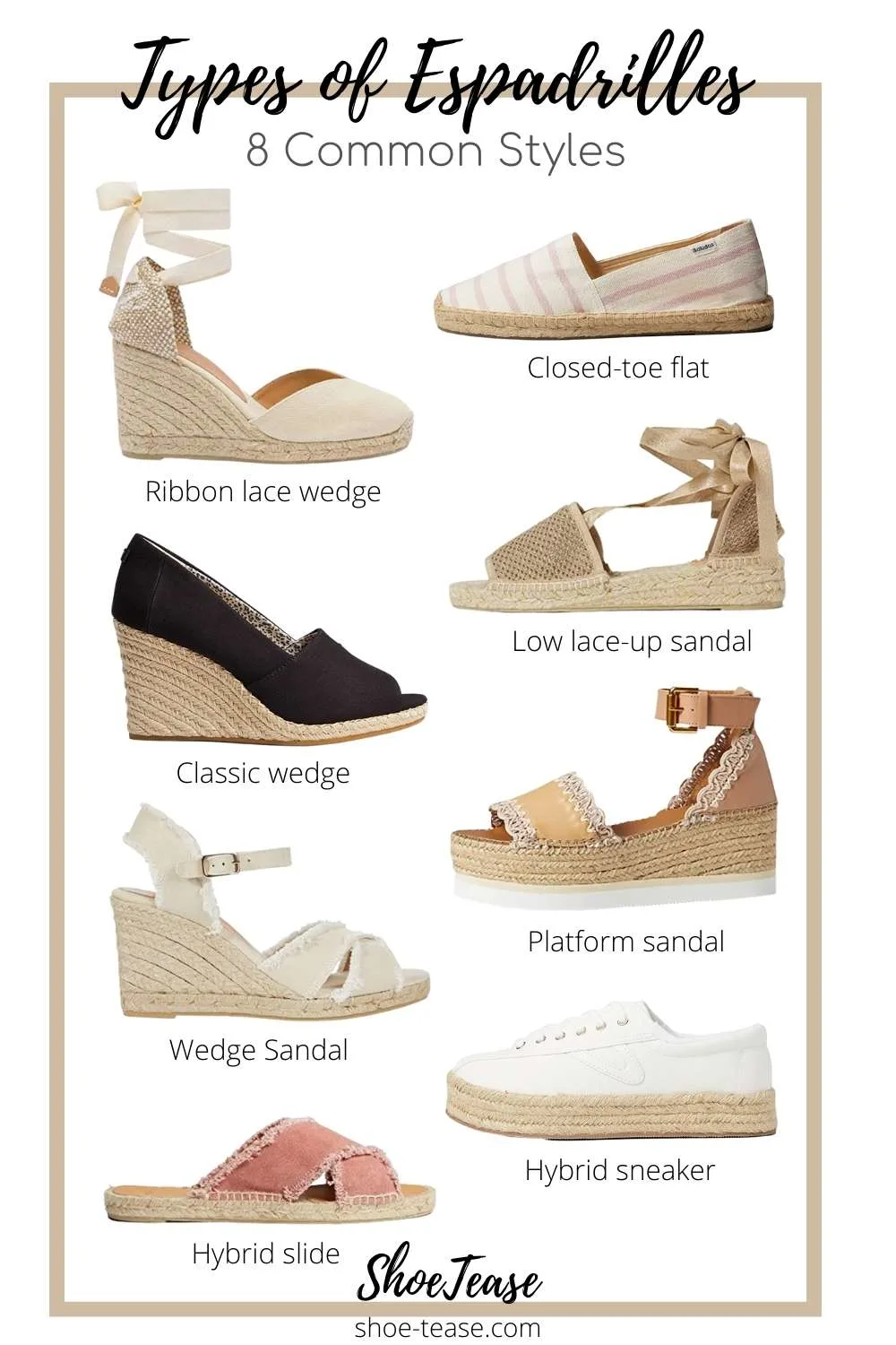 Collage of 8 different types of espadrilles for women,