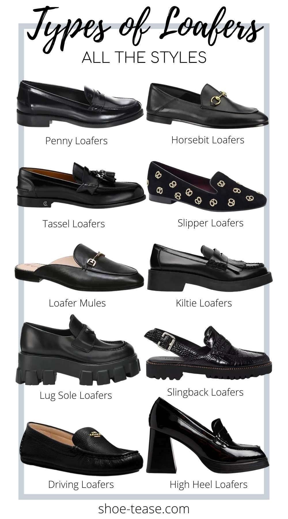Black text types of loafers all the styles over collage of 10 different loafer types with names.