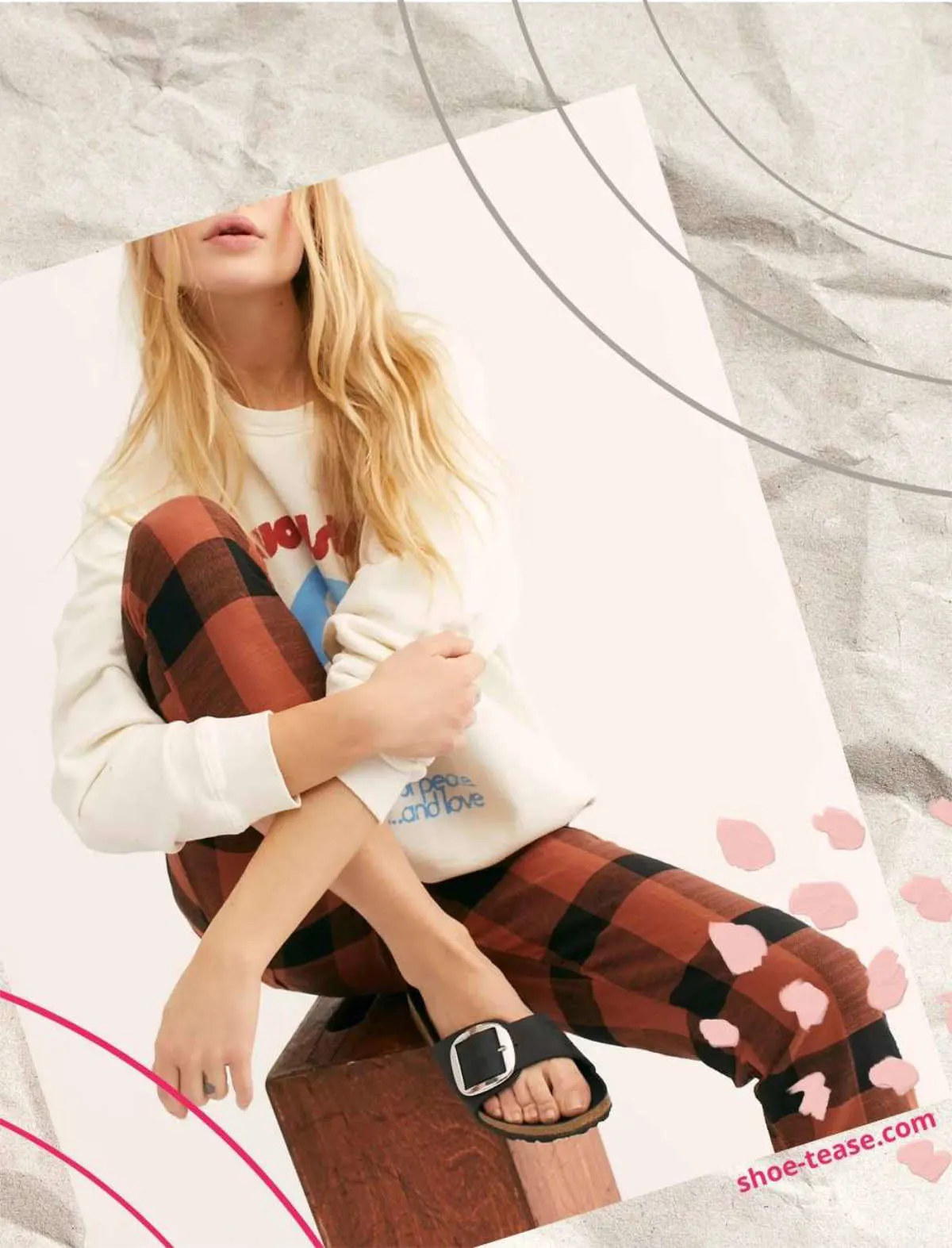 Collage of blonde woman wearing a Birkenstock outfit with red and black plaid pants and a white sweatshirt sitting on a stool.