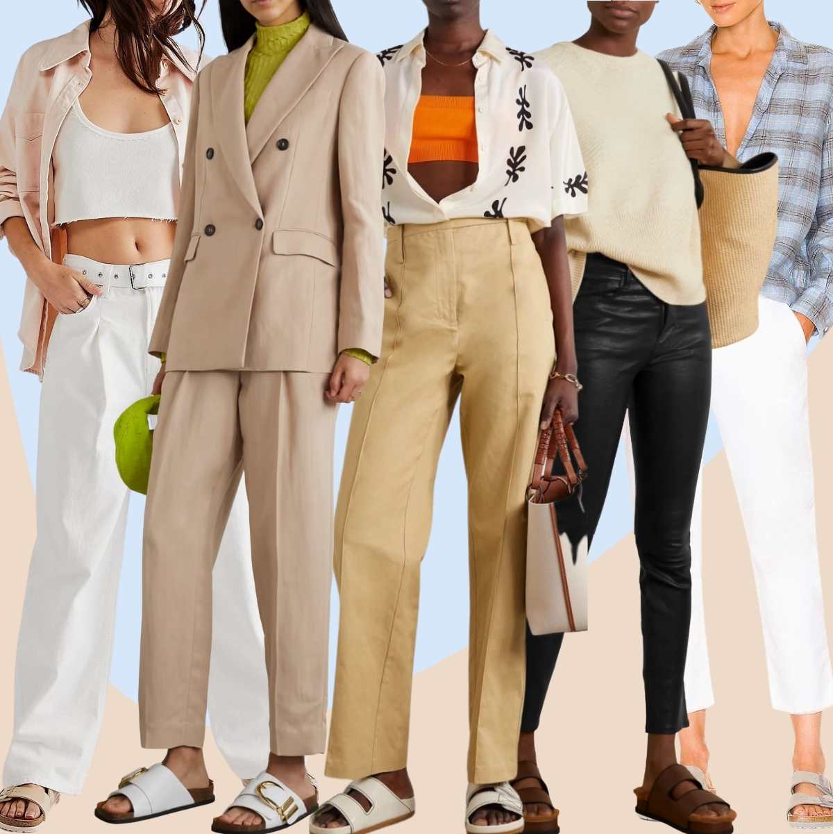 Collage of 5 women wearing different Birkenstock outfits with dress pants.
