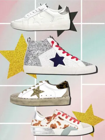 Collage of 4 women's golden goose dupes look alike sneakers with stars.