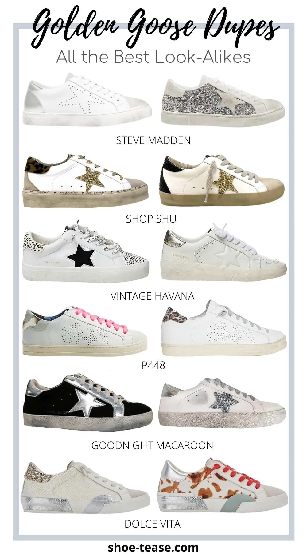 Collage of 12 best fake golden goose dupes from various retailers.