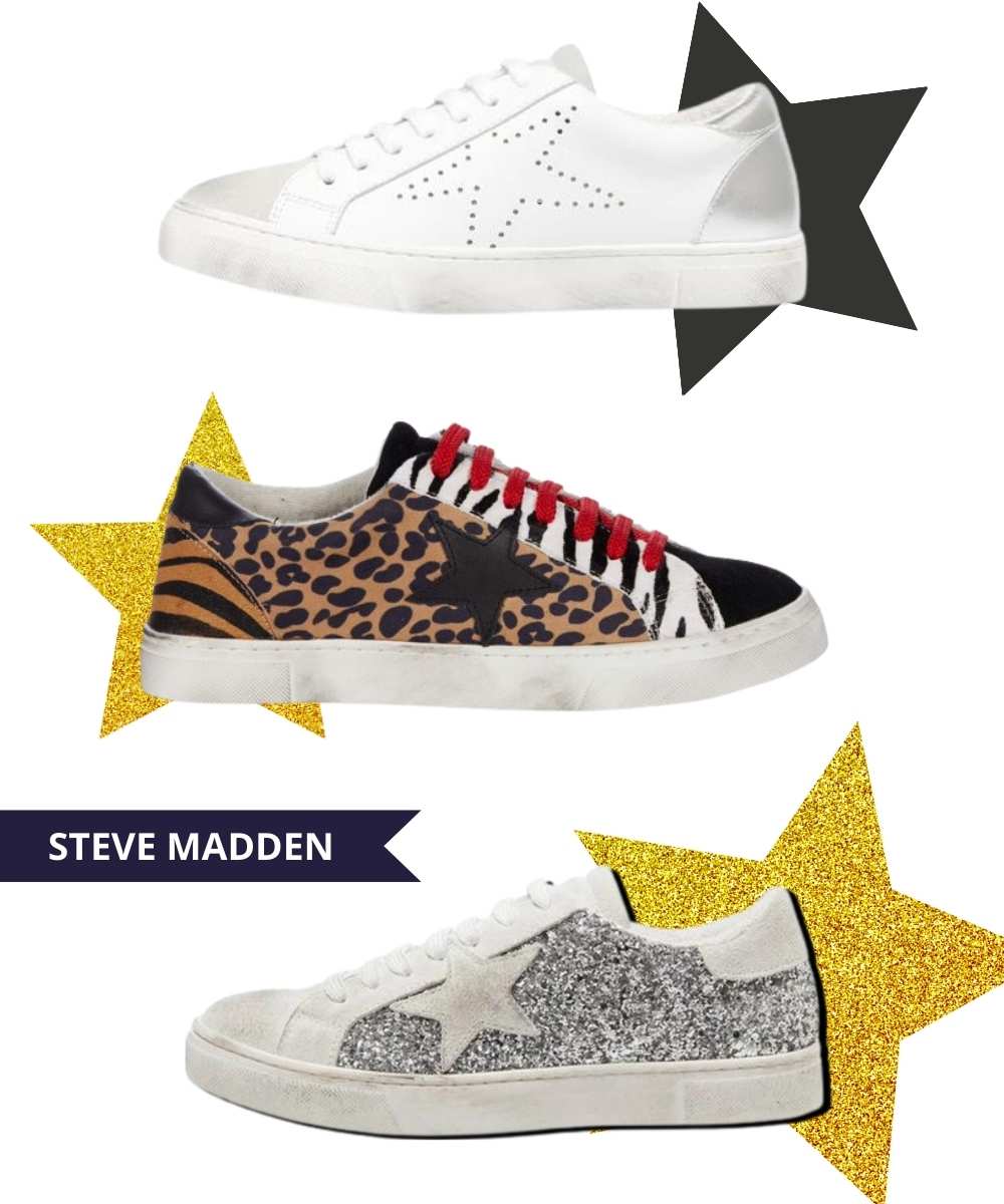 Collage of 3 golden goose dupes sneakers with stars by Steve Madden.