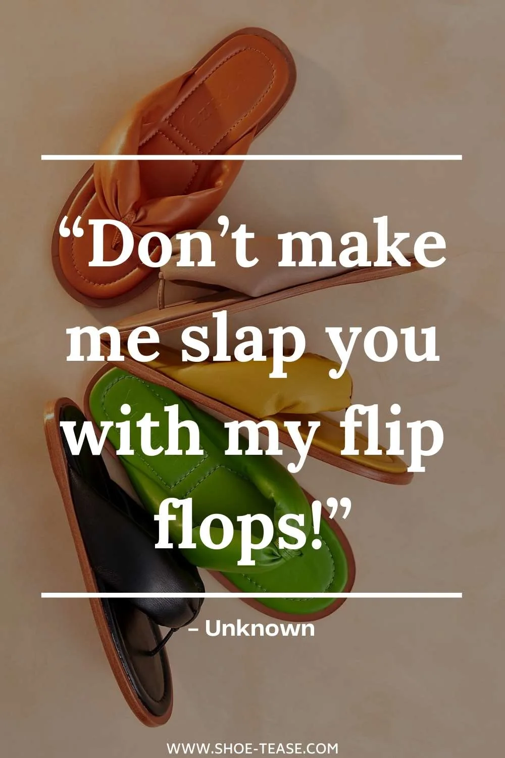Flip flop quote reading don't make me slap you with my flip flops over image of colorful flip flops in a half circle.