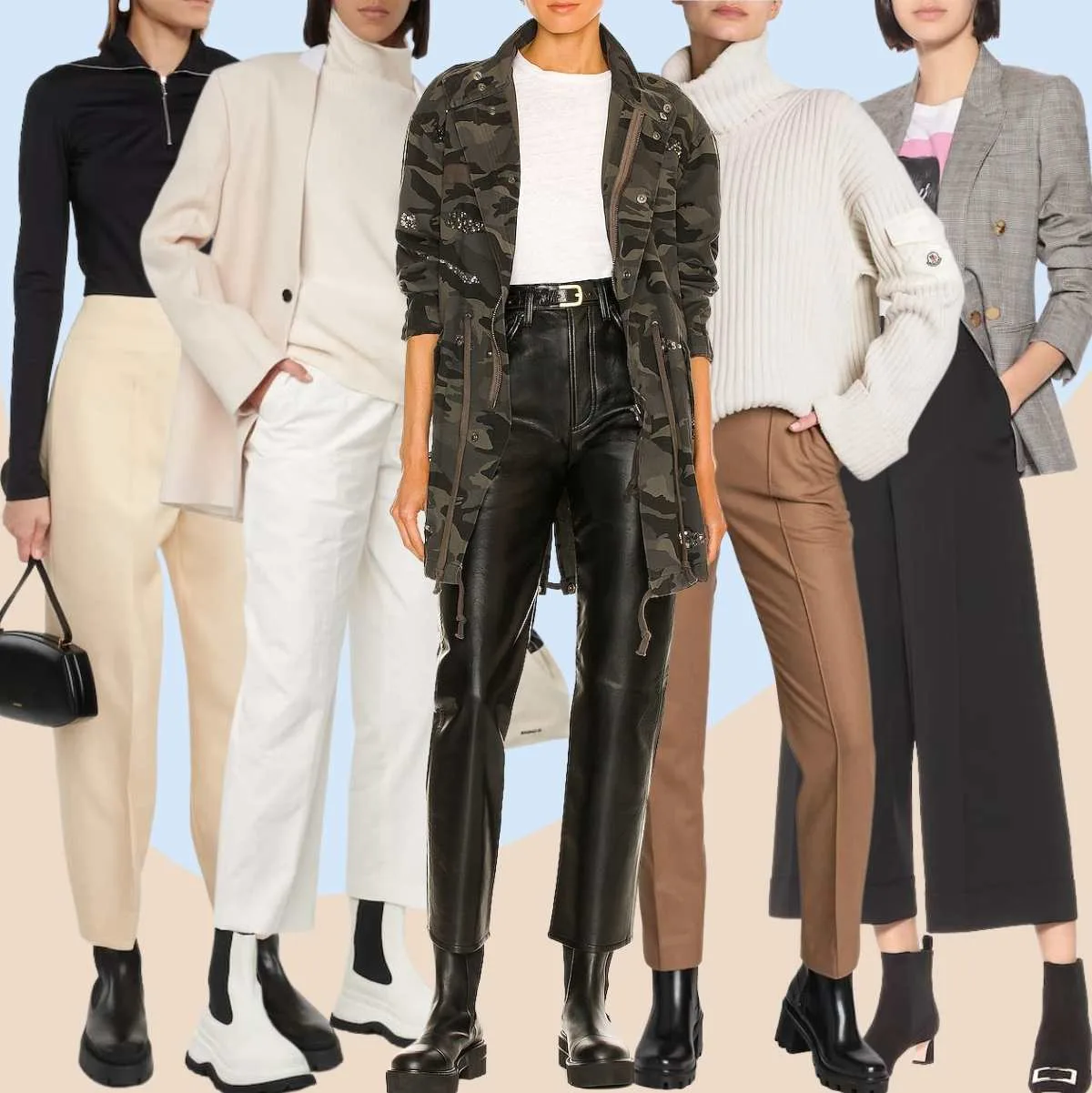 Collage of 5 women wearing chelsea boots outfits with dress pants.