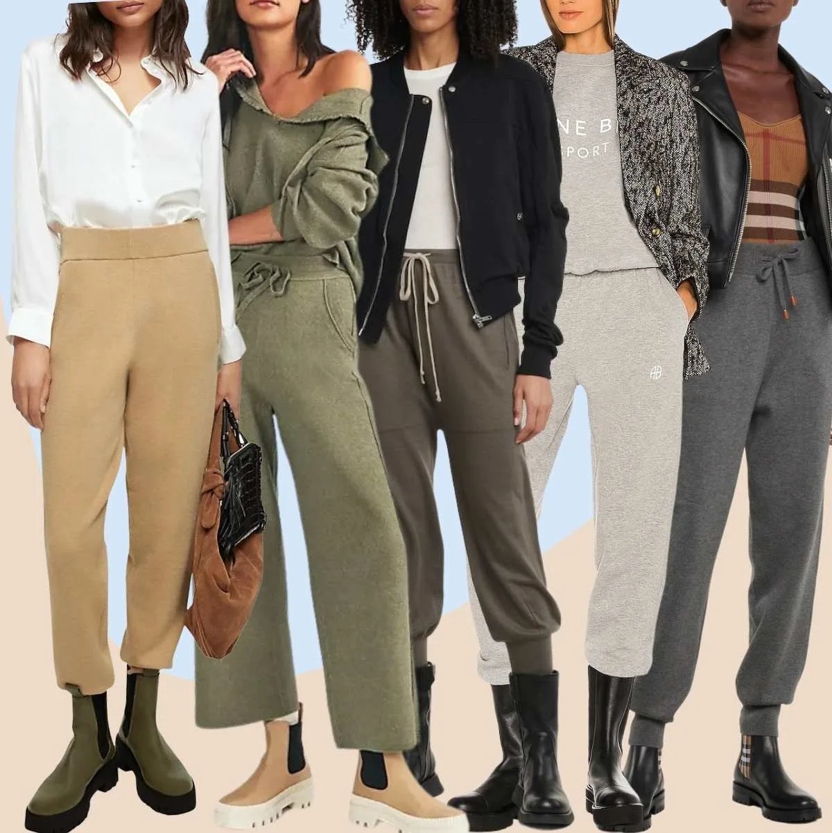 Collage of 5 women wearing chelsea boots outfits with joggers and sweatpants.