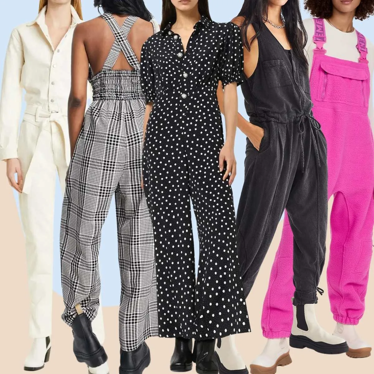Collage of 5 women wearing chelsea boots outfits with jumpsuits.