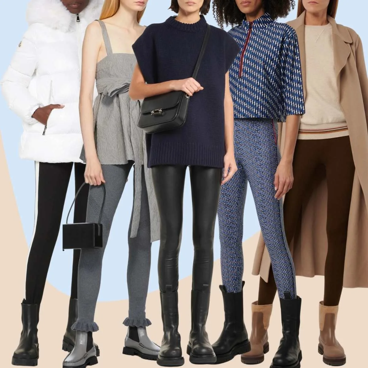 Collage of 5 women wearing chelsea boots outfits with leggings.