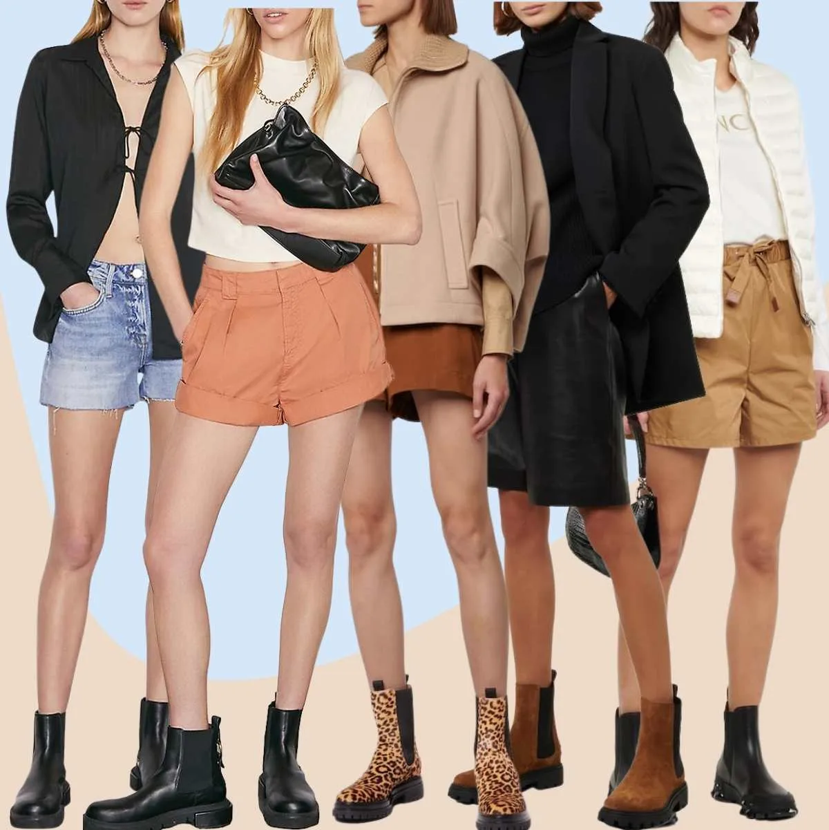Collage of 5 women wearing chelsea boots outfits with shorts.