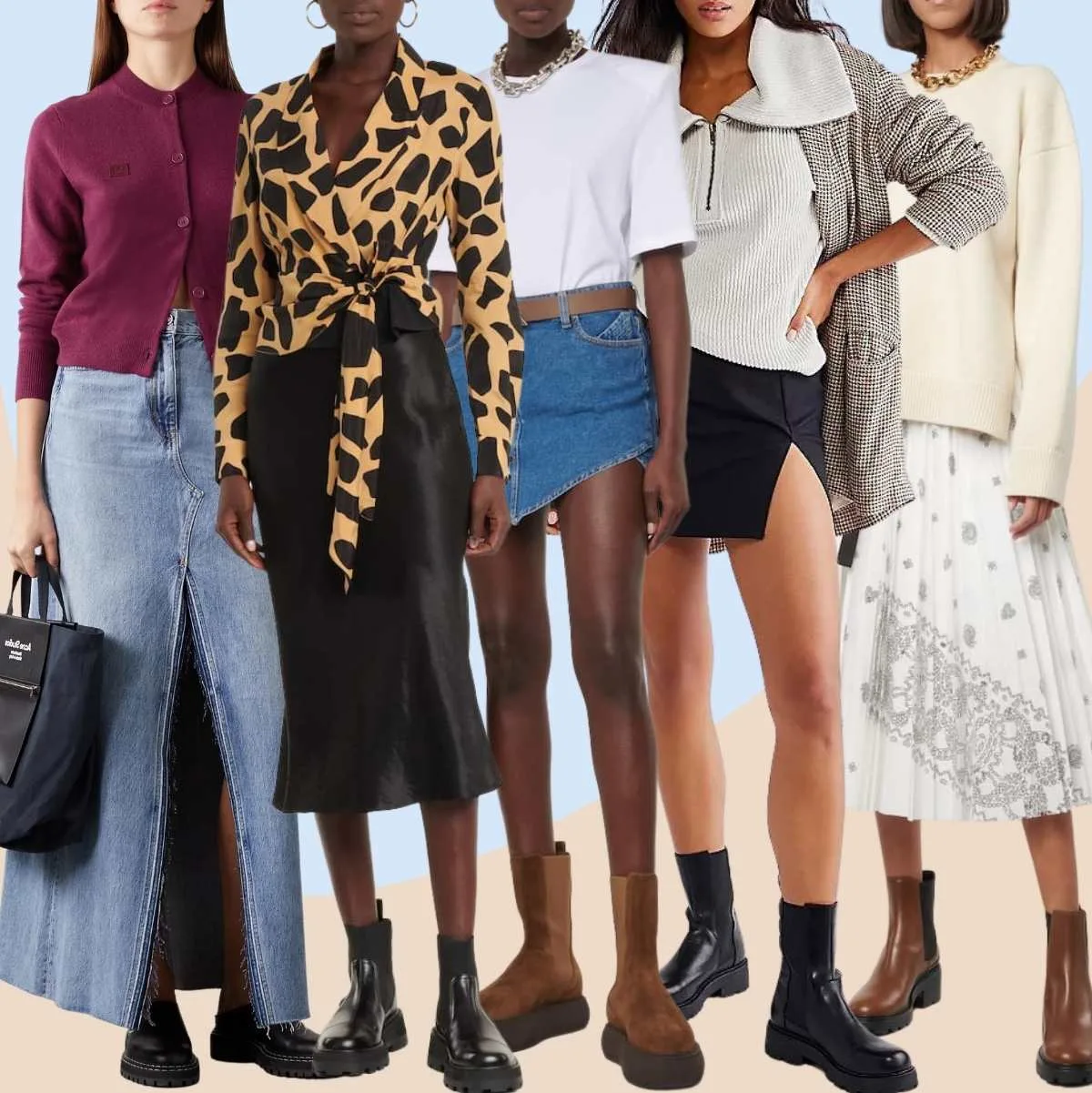 Collage of 5 women wearing chelsea boots outfits with shorts.