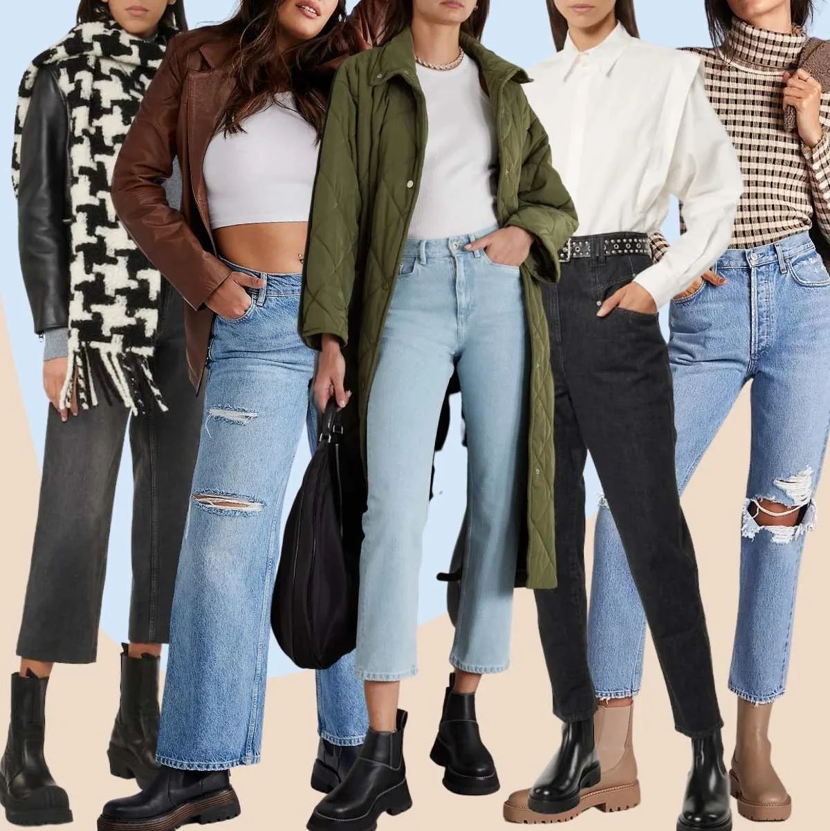 Collage of 5 women wearing chelsea boots with jeans outfits.
