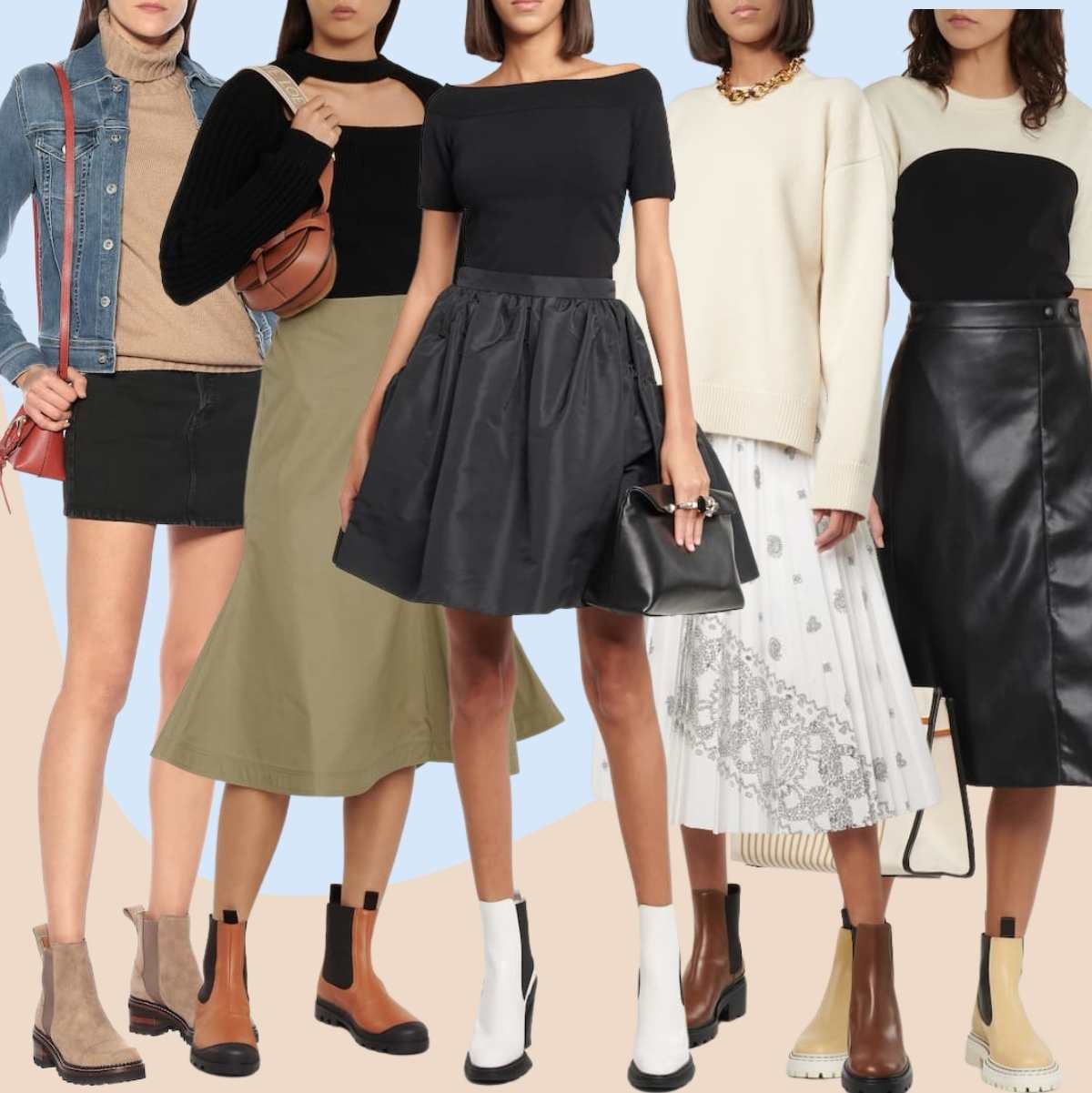 Collage of 5 women wearing chelsea boots outfits with skirts.