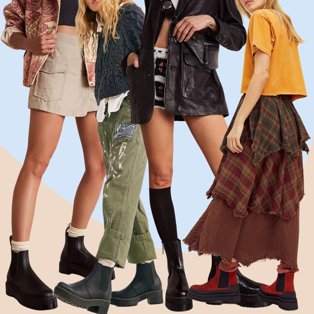 Collage of 4 women wearing different chelsea boots outfits with socks.