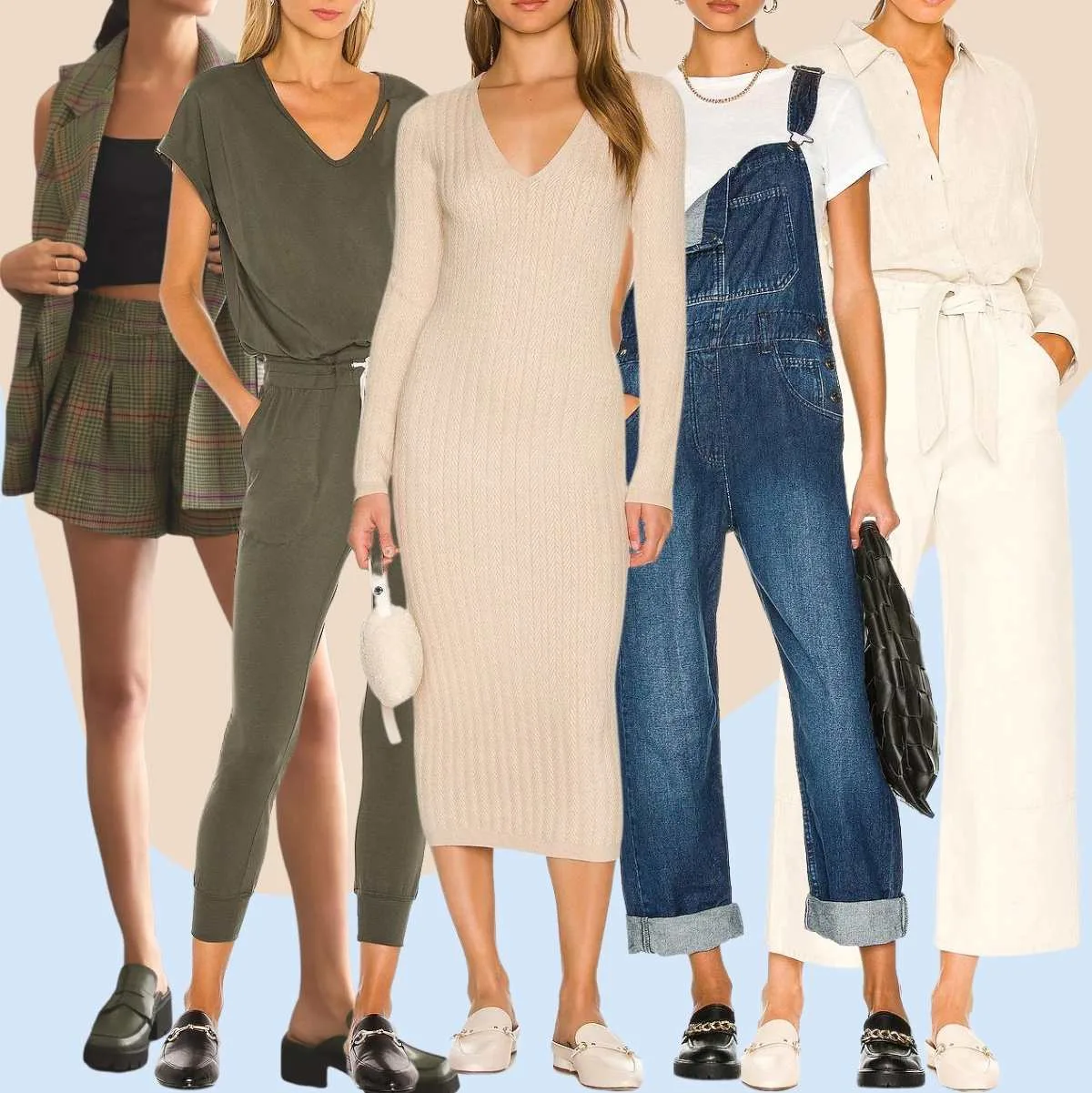 Collage of 5 women wearing different loafer mules outfits.