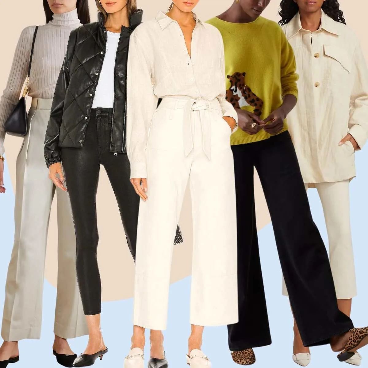 Collage of 5 women wearing different mules outfits with dress pants and suits.
