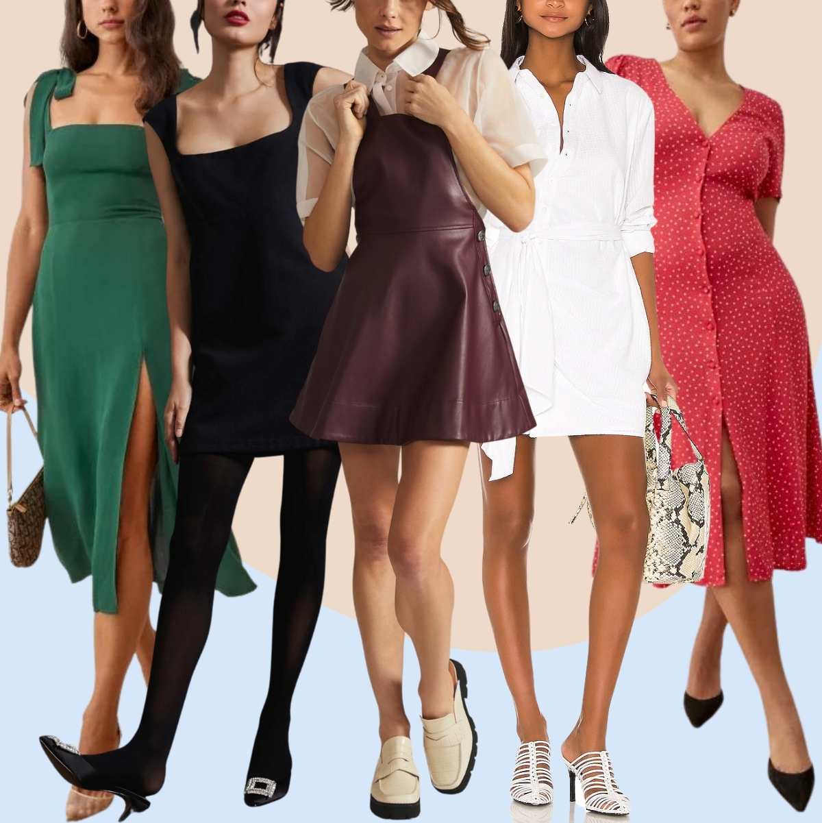 Collage of 5 women wearing different mules outfits with dresses.